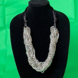 Chicos Silver-Tone Braided Beaded Necklace With Black Cord & Lobster Clasp